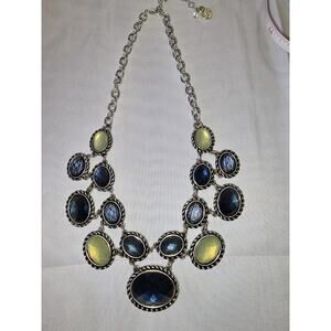 Dana Buchman Silver Tone Statement Necklace Greens Blues Cabachon Gems 16" - 18”